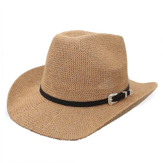 Collapsible Raffia Straw Trilby Fedora-Khaki